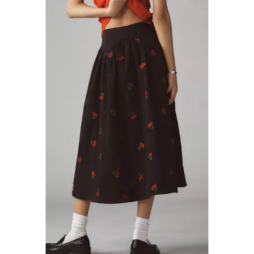 Avec Les Filles Petite Cherry Applique Midi Skirt | Black in Small - Picture 1 of 8